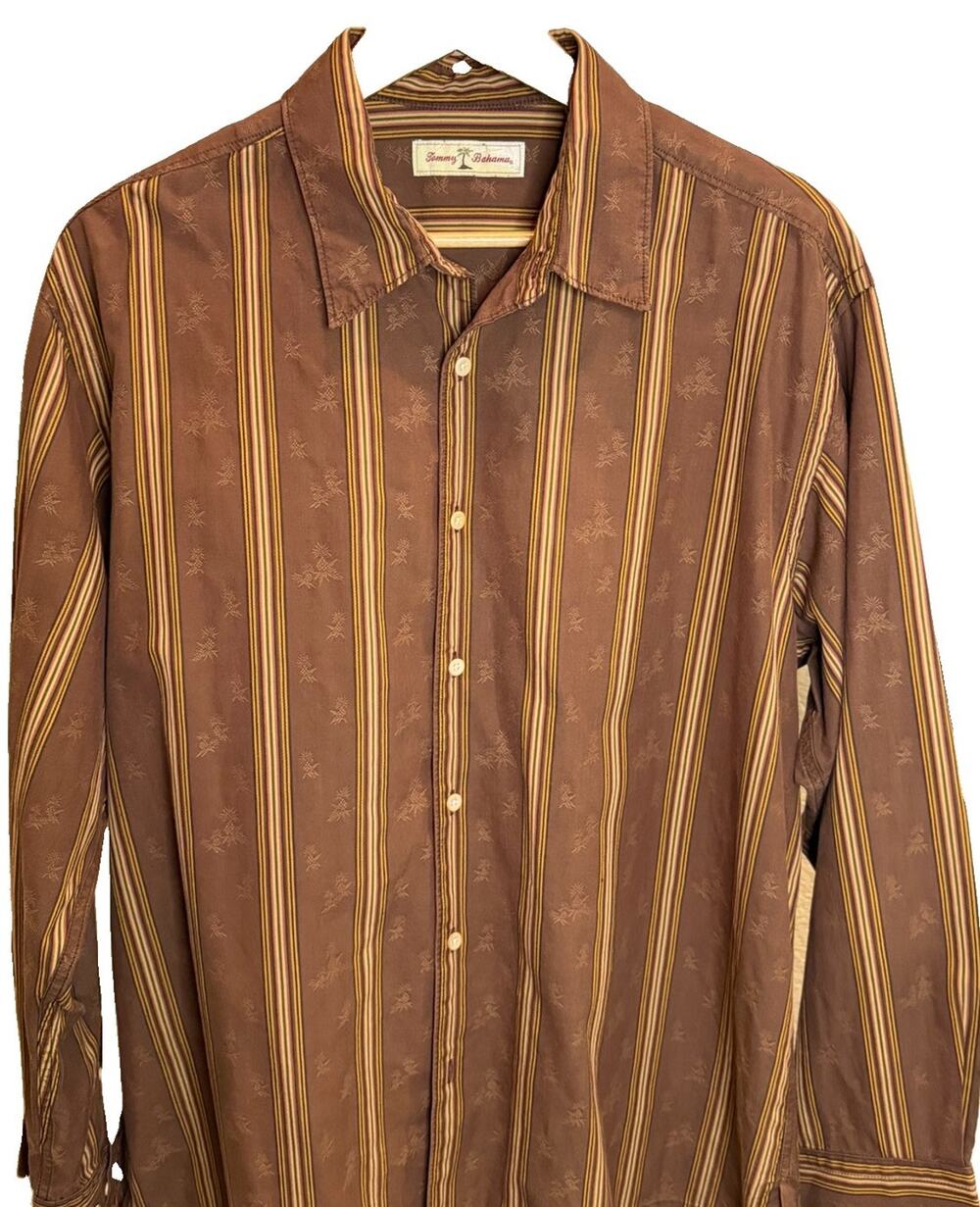 Tommy Bahama Men’s XL Long Sleeve Shirt Brown Stripe Palm Tree 100% Cotton